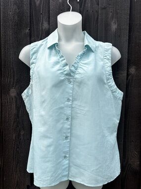 CABI blouse pastel aqua robin's egg blue Sleeveless Ruffle Button-Front size XL